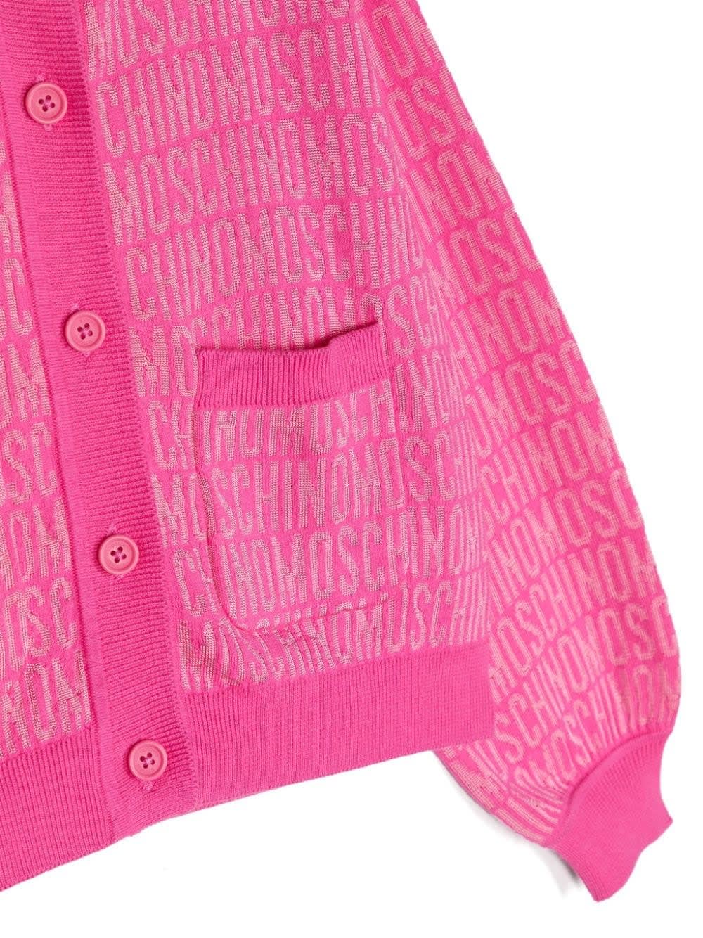 Shop Moschino Fuchsia Cardigan With All-over Logo In Pink
