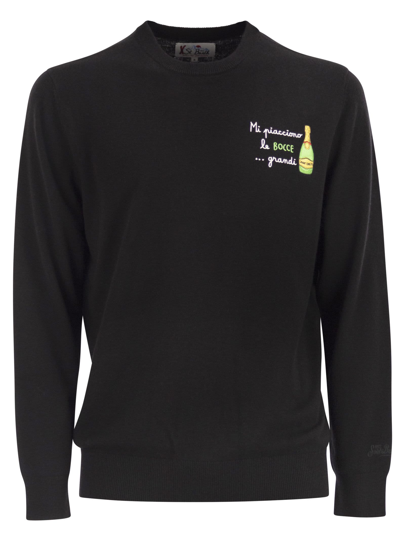 Mc2 Saint Barth Heron - Crew Neck Jumper With Embroidery On The Chest In Black