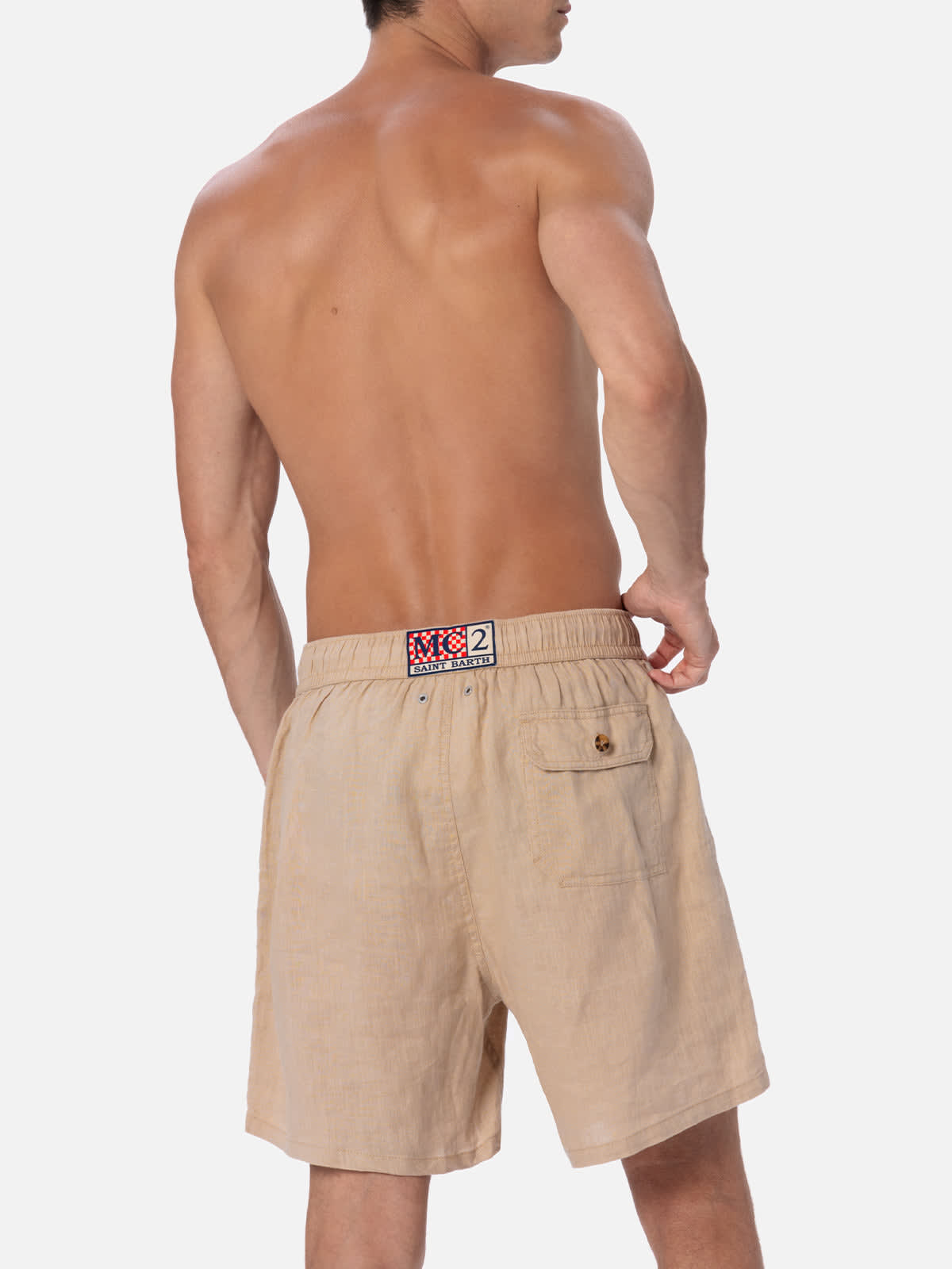 Mc2 Saint Barth Man Mid-length Beige Linen Swim-shorts Gustavia In White