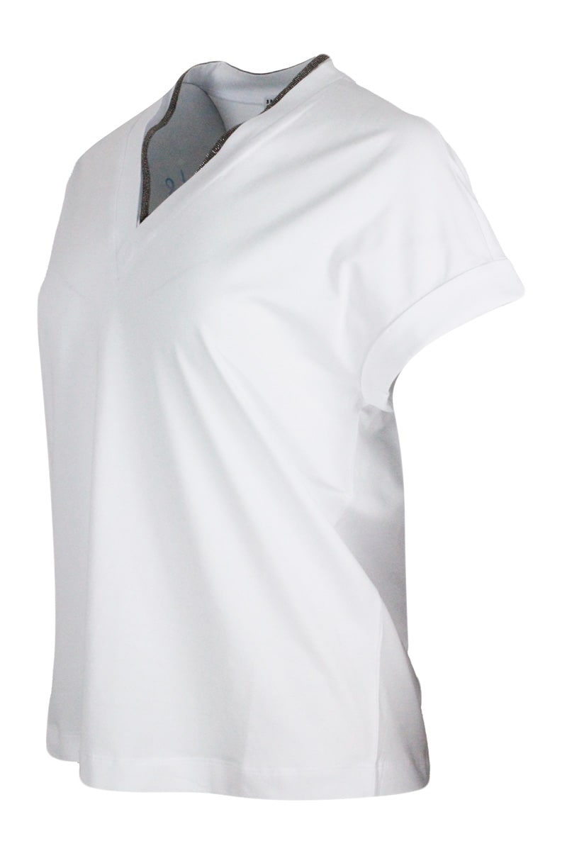 Shop Brunello Cucinelli Short-sleeved T-shirt In Stretch Cotton With V-neckline Trimmed With Jewels In White
