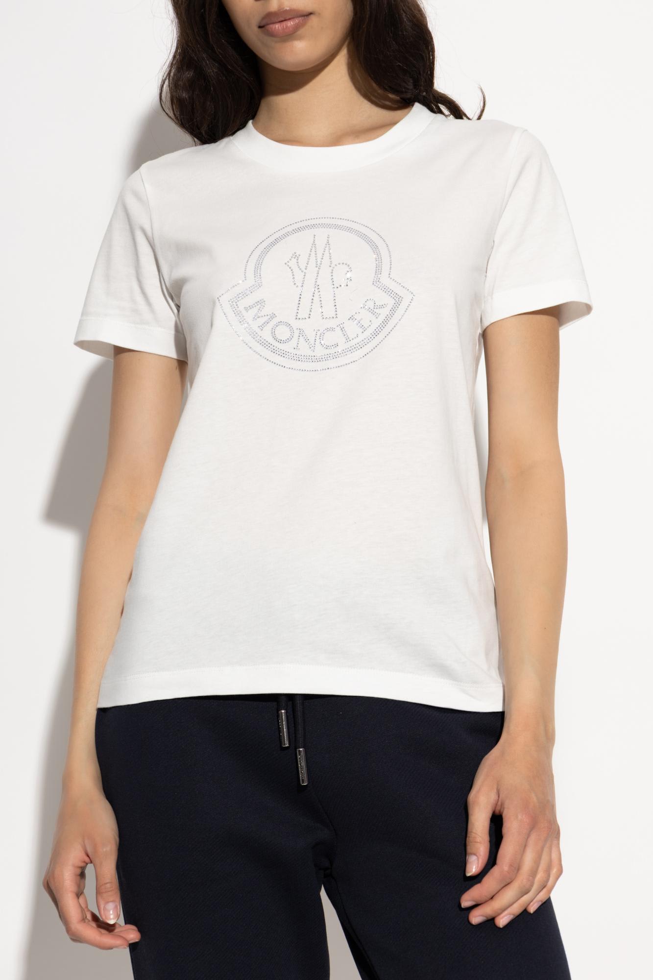 Moncler Women White Cotton Rhinestone Logo T-shirt In White