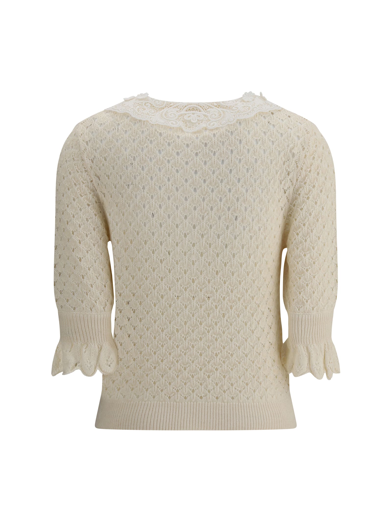 Chloé Polo Shirt With Lace Collar And Perforated Design In Neutral