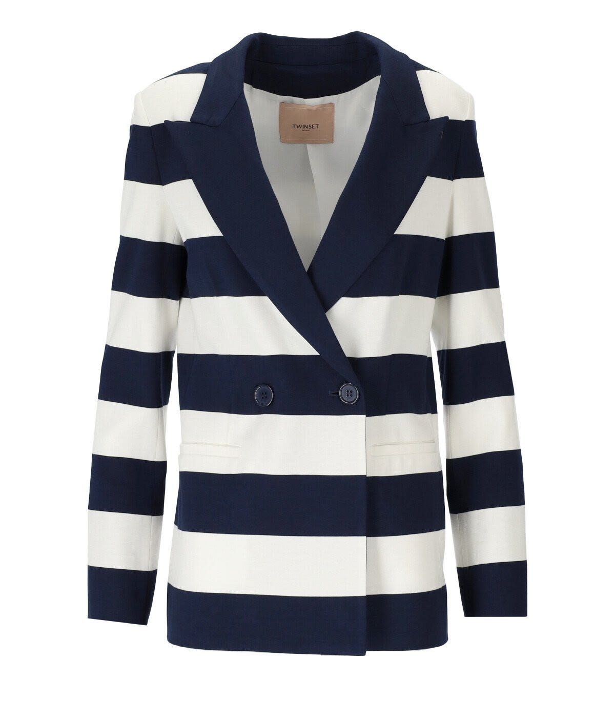 TWINSET TWINSET WHITE AND BLUE STRIPED DOUBLE-BREASTED BLAZER