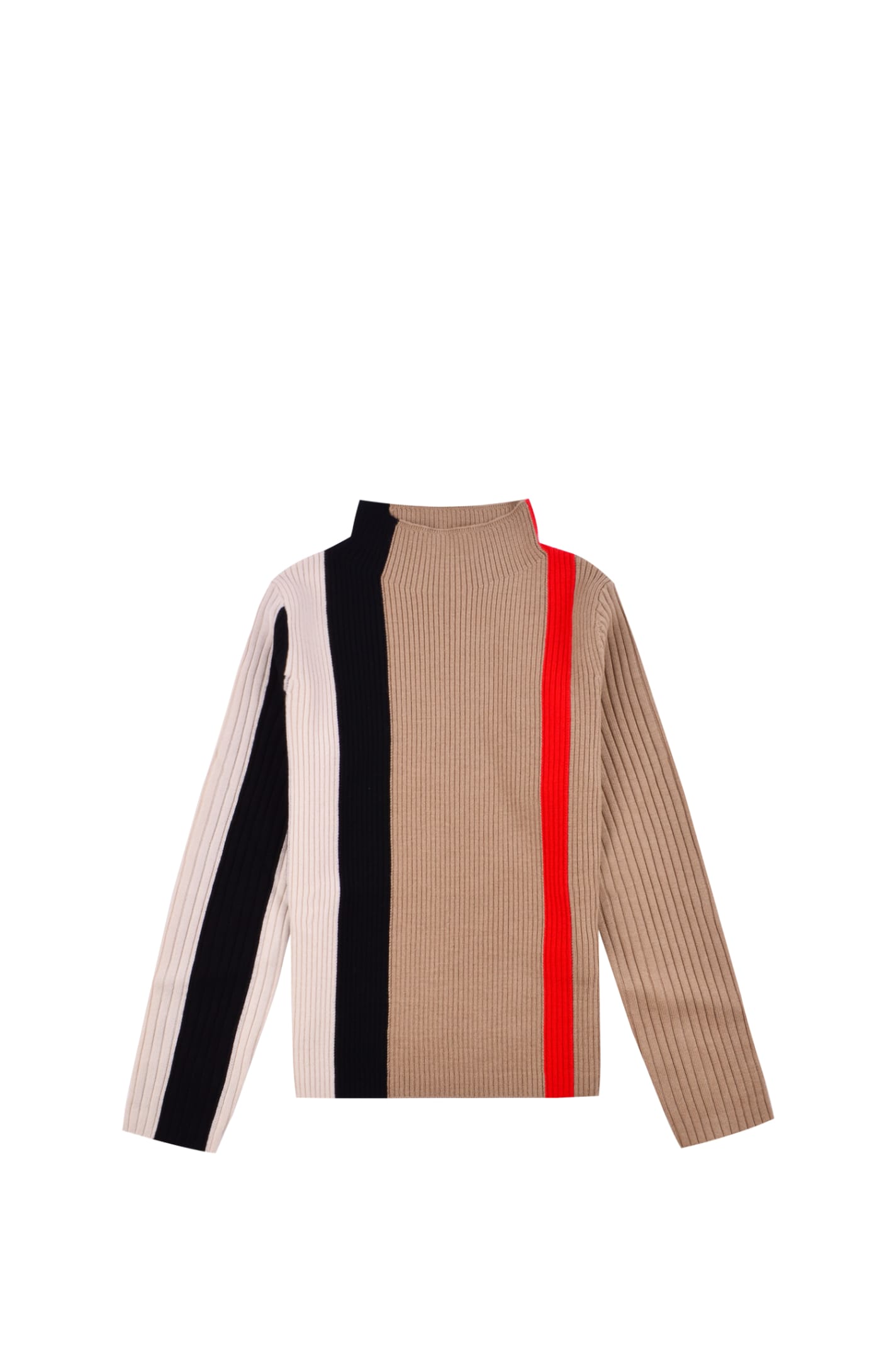 Burberry High Neck Pullover In Ribbed Wool With Stripe Pattern