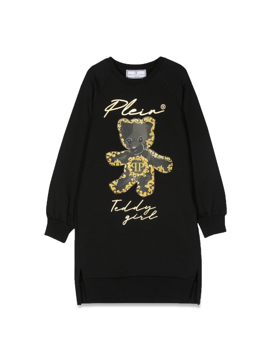 Shop Philipp Plein Junior Long Sleeve Dress Bear In Black