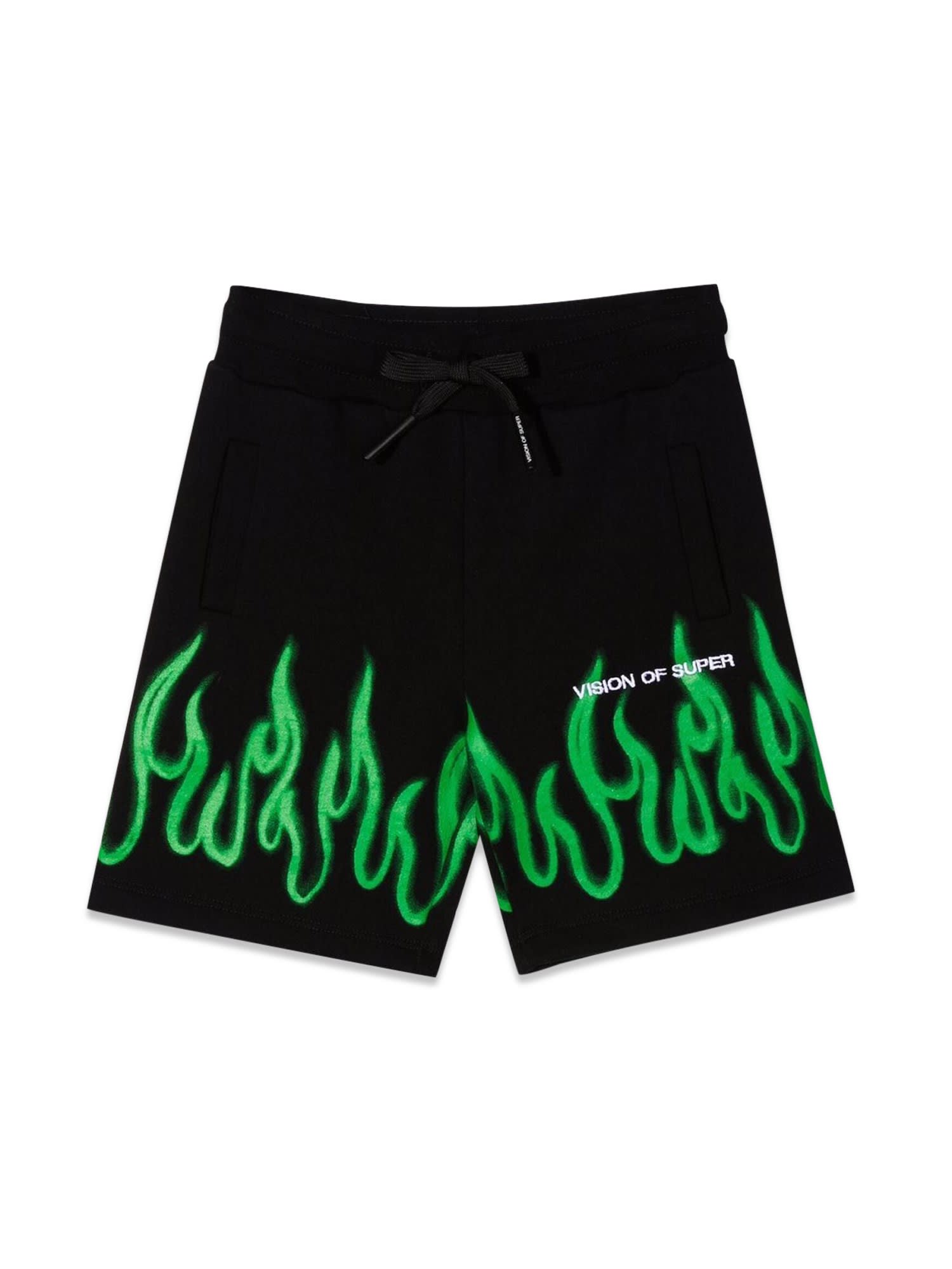 Vision of Super Black Shorts Kids With Green Spray Flames