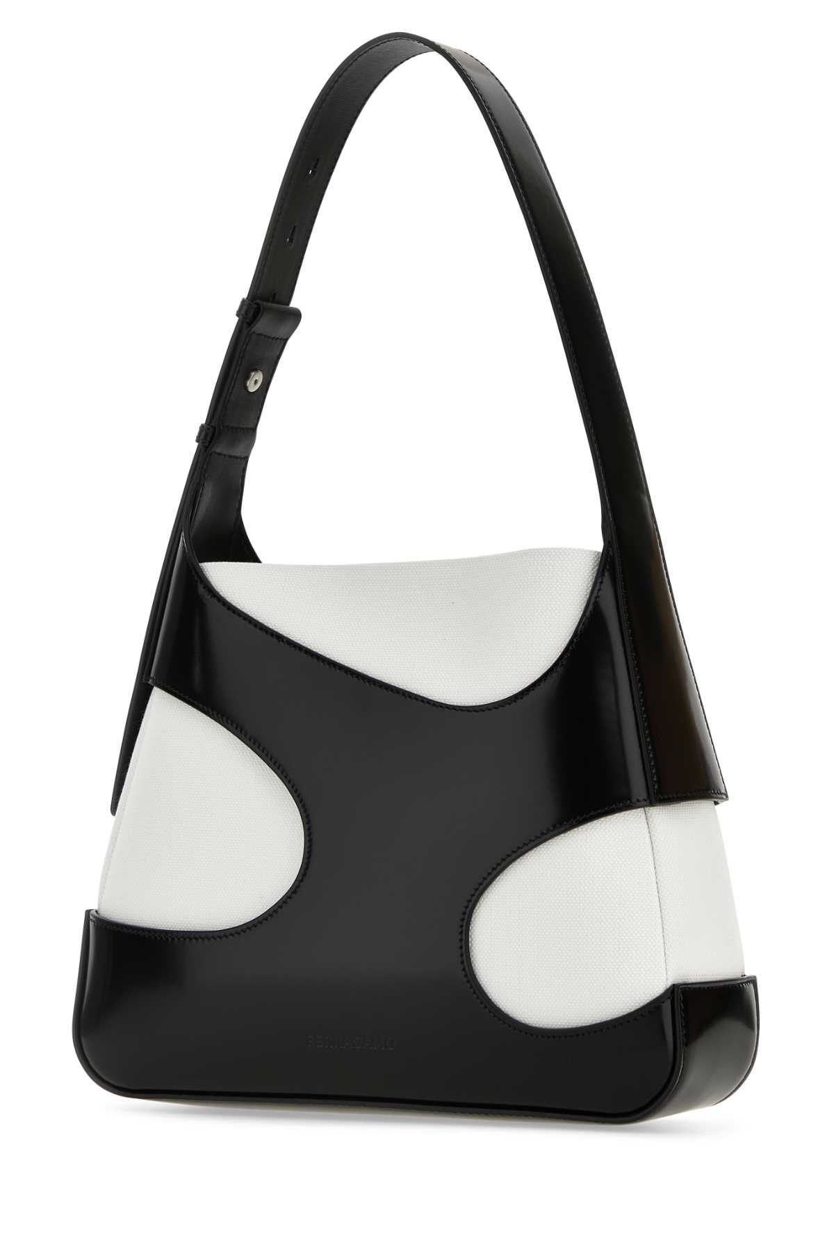 FERRAGAMO TWO-TONE LEATHER AND CANVAS CUT OUT L SHOULDER BAG