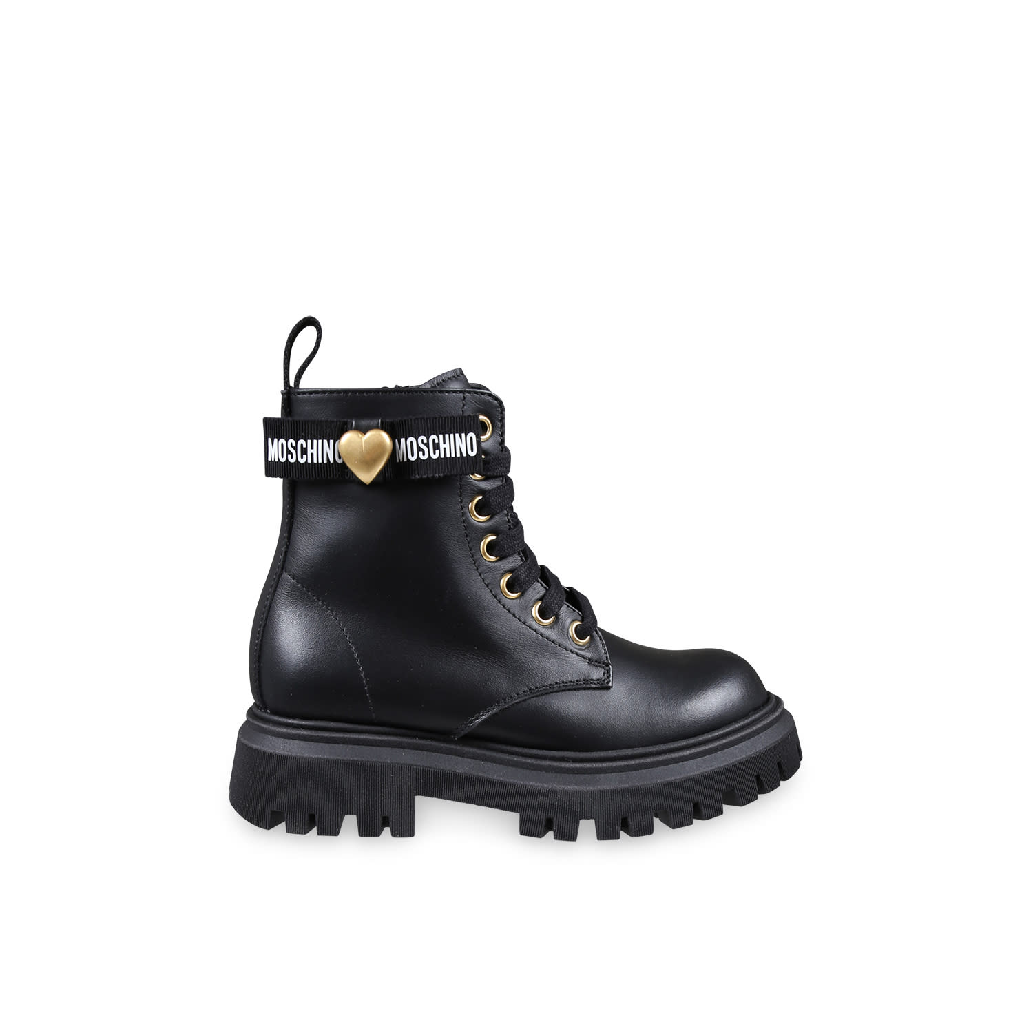 Shop Moschino Black Combat Boots For Girl With Heart
