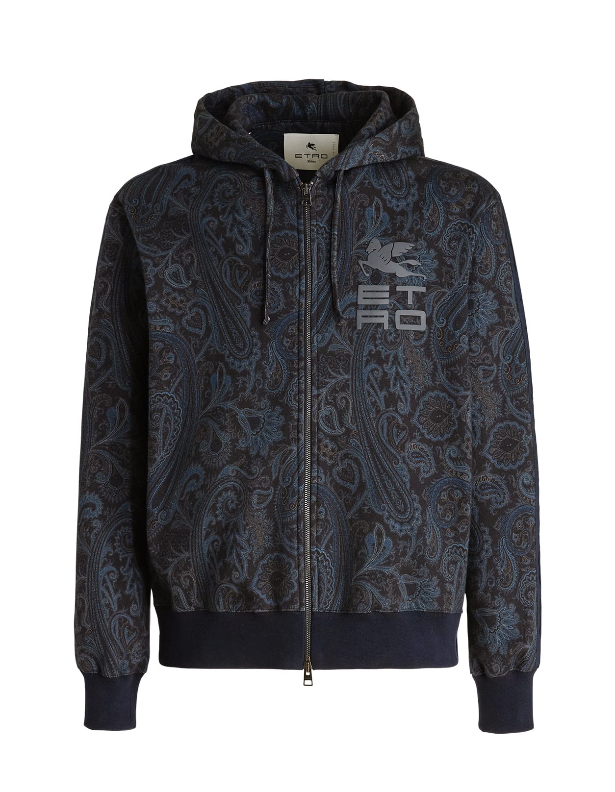 Etro Man Navy Blue Zipped Hoodie With All-over Paisley Print