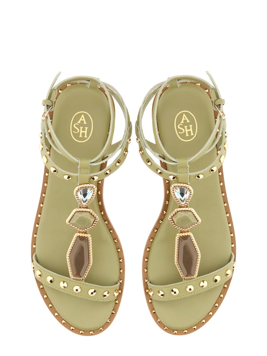 Ash Strappy Green Sandals With Gemstone Embellishments In Green