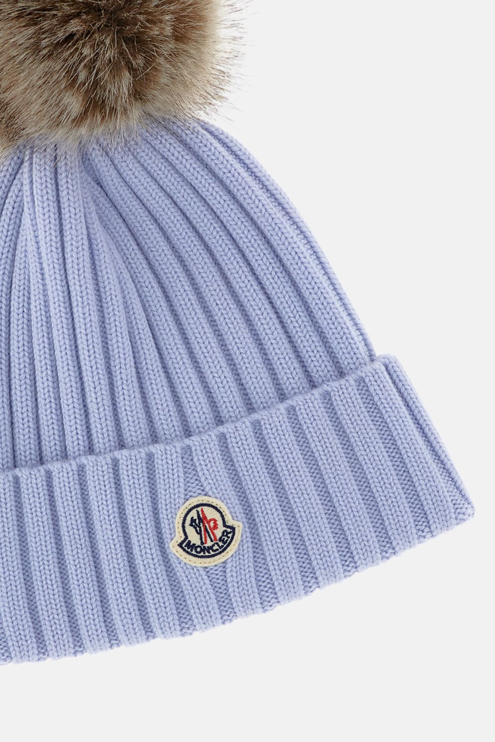 Moncler Ribbed Knit Hat With Fluffy Pom-pom In Blue