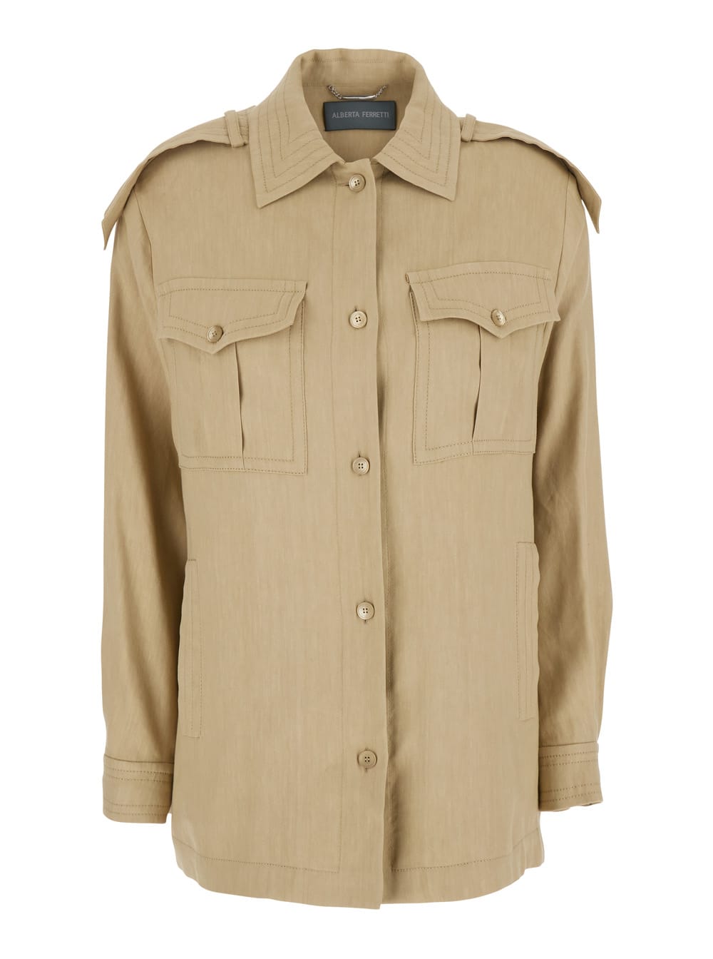 Beige Jacket With Classic Collar And Epaulettes In Linen Blend Stretch Woman