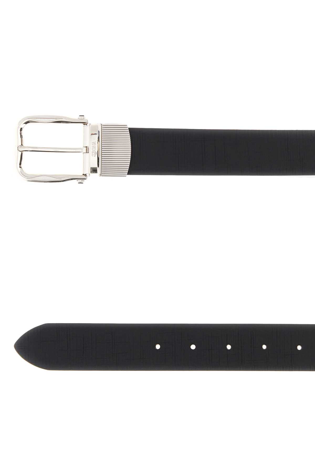 Zegna Adjustable Reversible Leather Belt With Textured Finish In Black
