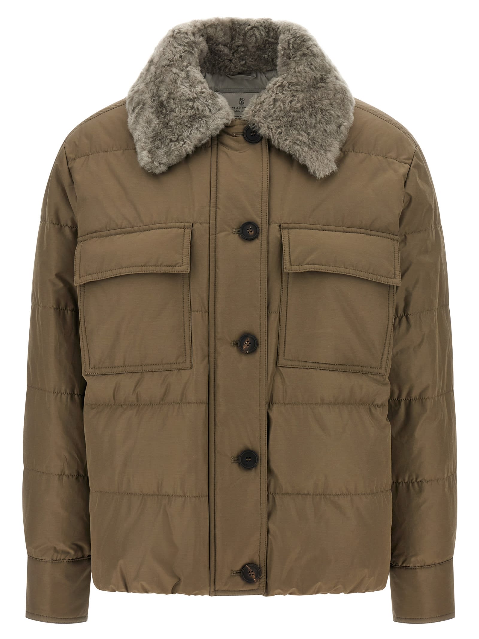 Brunello Cucinelli Quilted Coat With Plush Shearling Collar And Flap Pockets In Brown