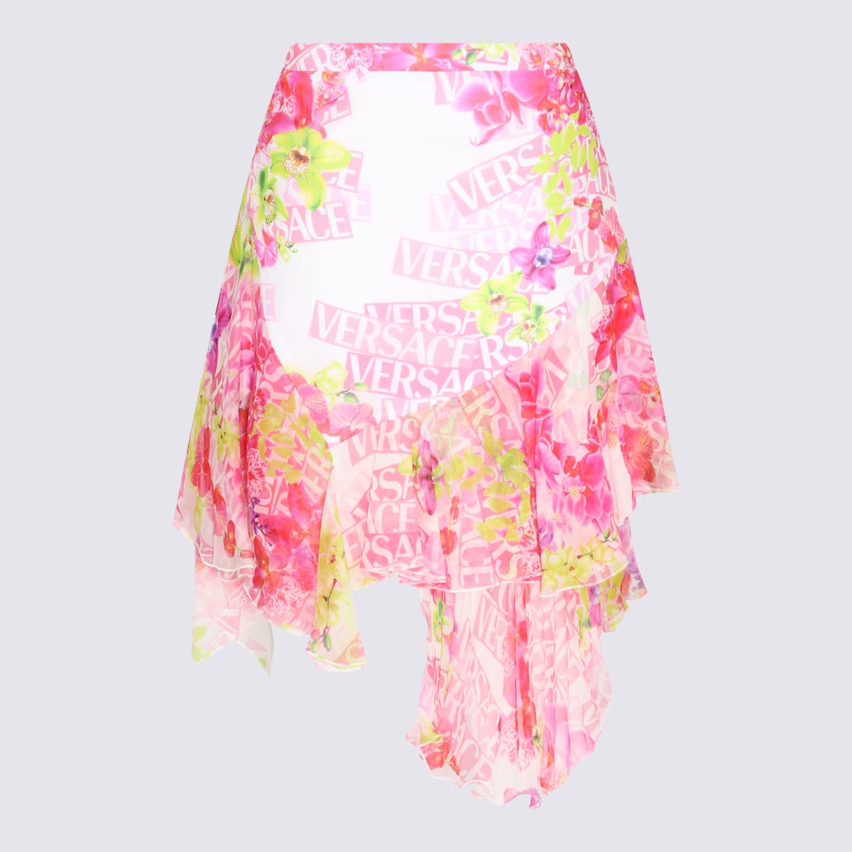 Shop Versace White And Pink Silk Mini Skirt In Bianco+rosa