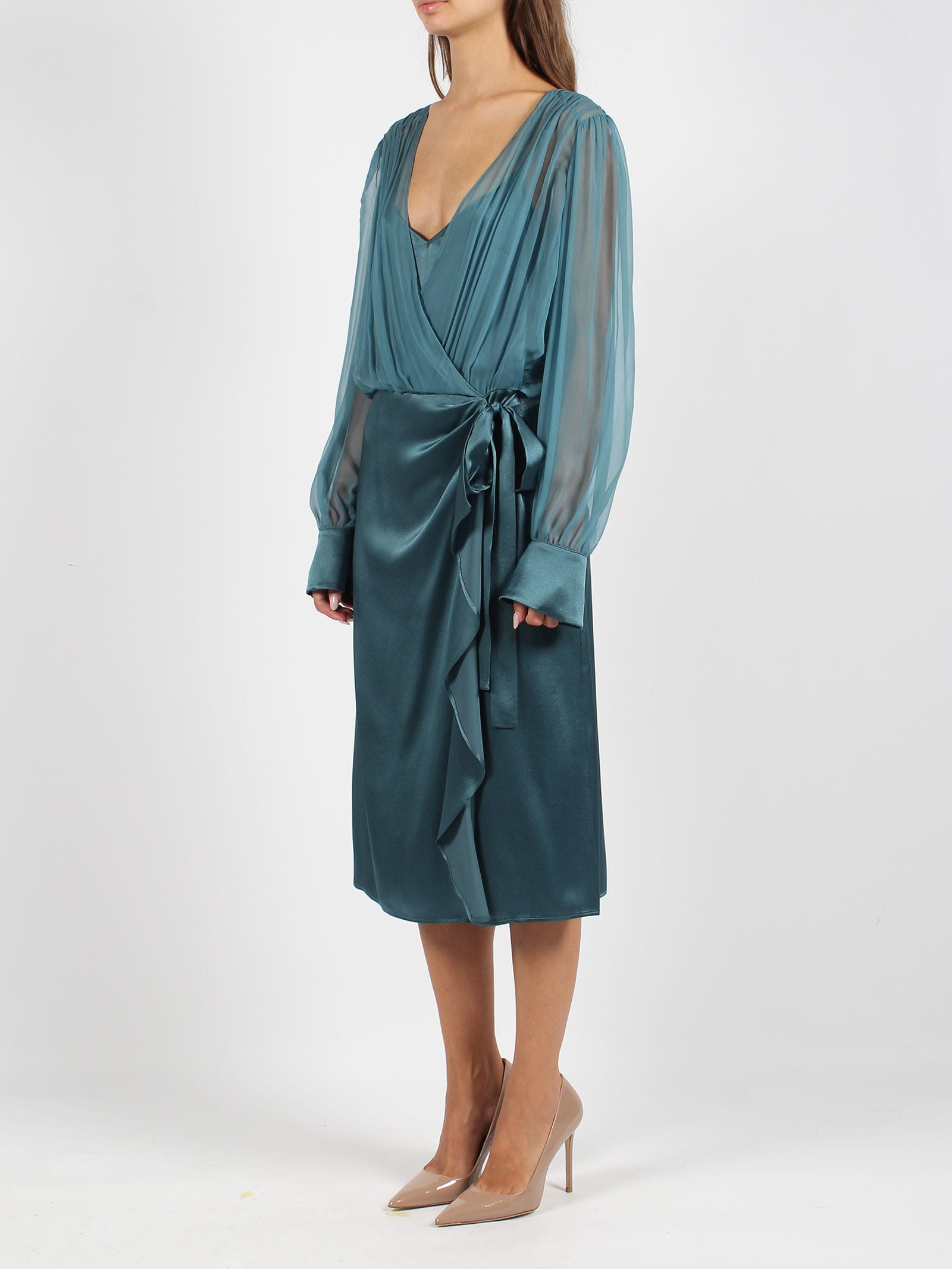 Alberta Ferretti Sheer-overlay Midi Dress In Blue