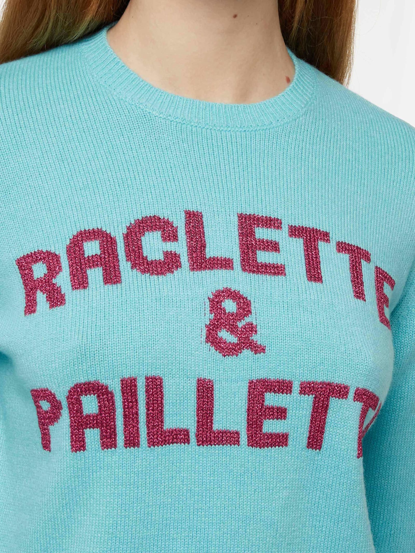 Mc2 Saint Barth Water Green Sweater New Queen With Raclette & Paillettes Sequins Lettering In Green