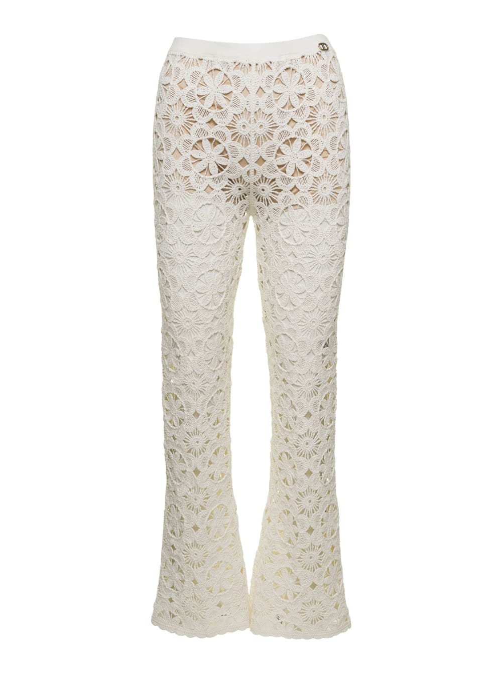 Shop Twinset White Flared Pants With Crochet Work In Cotton Woman