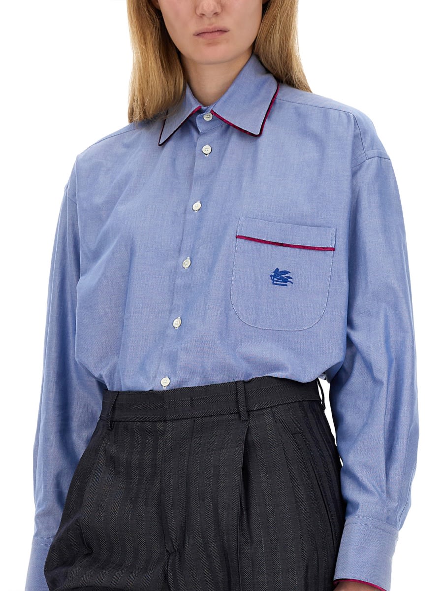 Shop Etro Light Blue Oxford Shirt With Pegasus In Azure