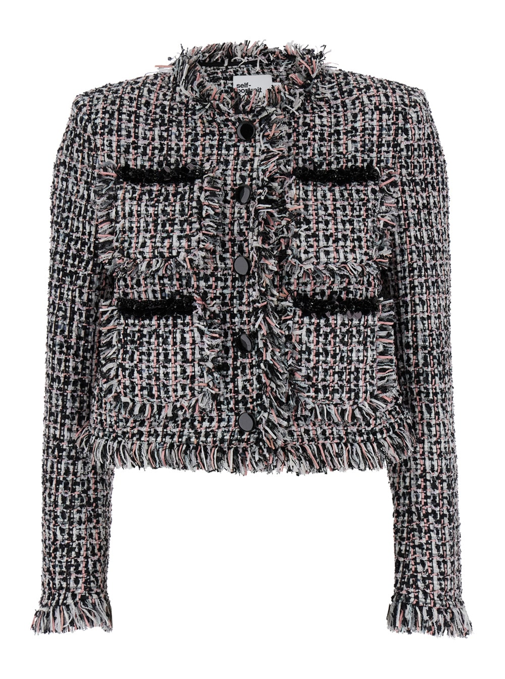 Shop Self-portrait Multicolor Crop Jacket With Patch Pockets In Tweed Woman In Black