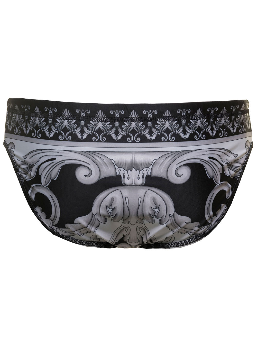 VERSACE BLACK AND WHITE SWIM BRIEFS WITH ALL-OVER BAROCCO PRINT IN STRETCH POLYESTER MAN