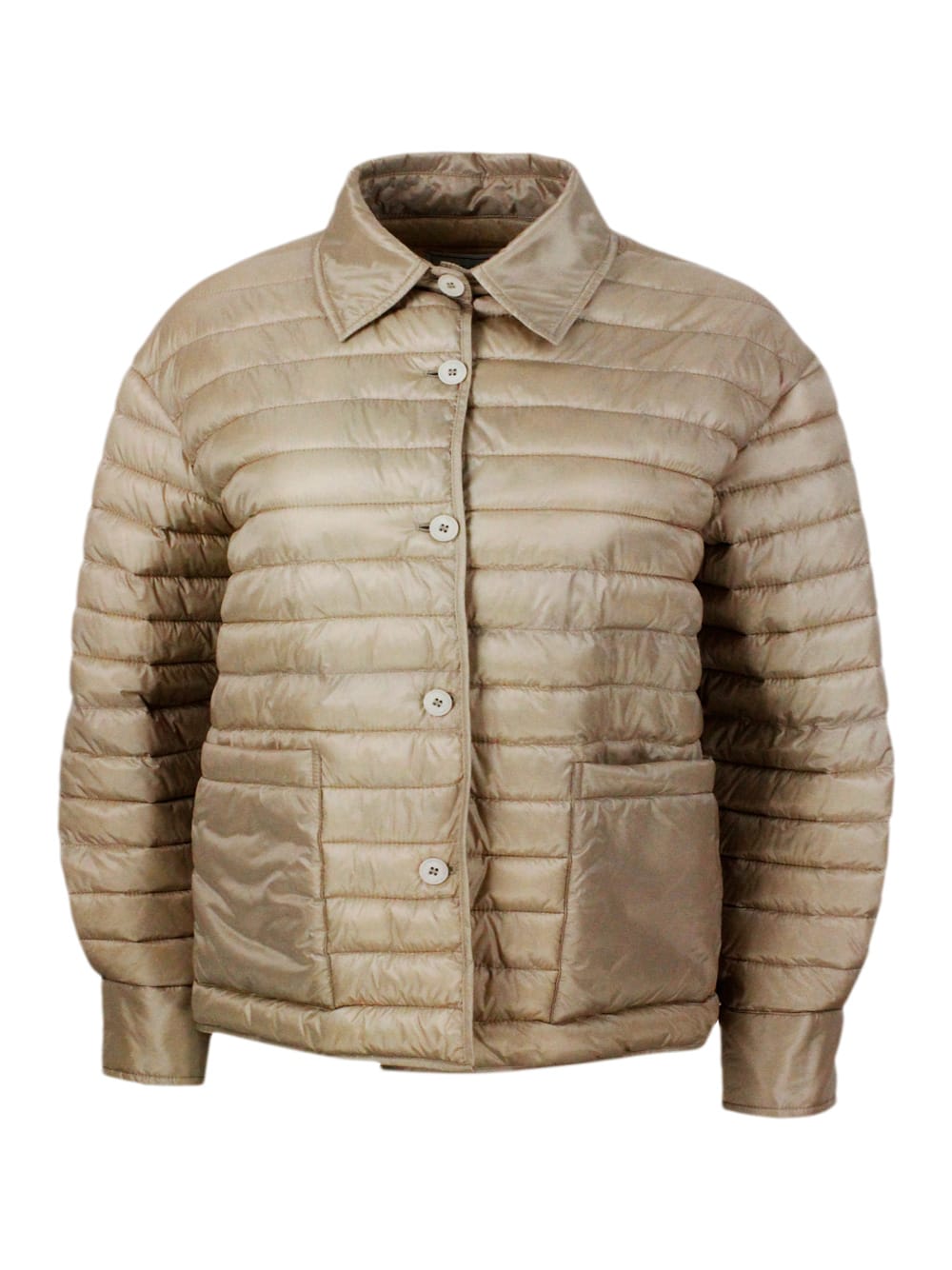 Shop Antonelli Lightweight 100g Padded Jacket With Shirt Collar, Button Closure And Patch Pockets In Beige