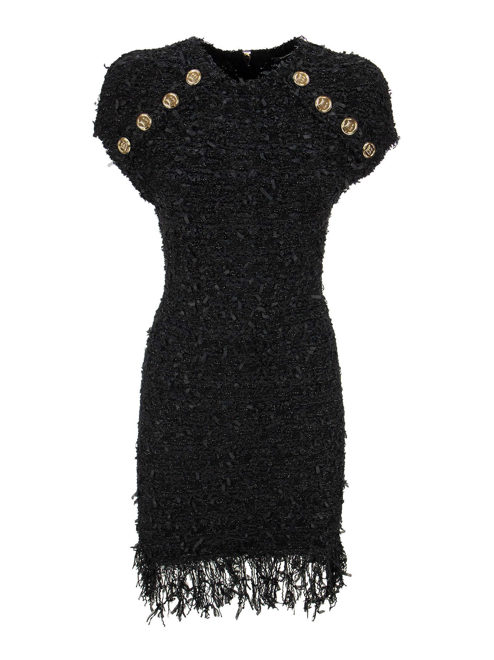 Balmain Short Black Tweed Dress With Fringe