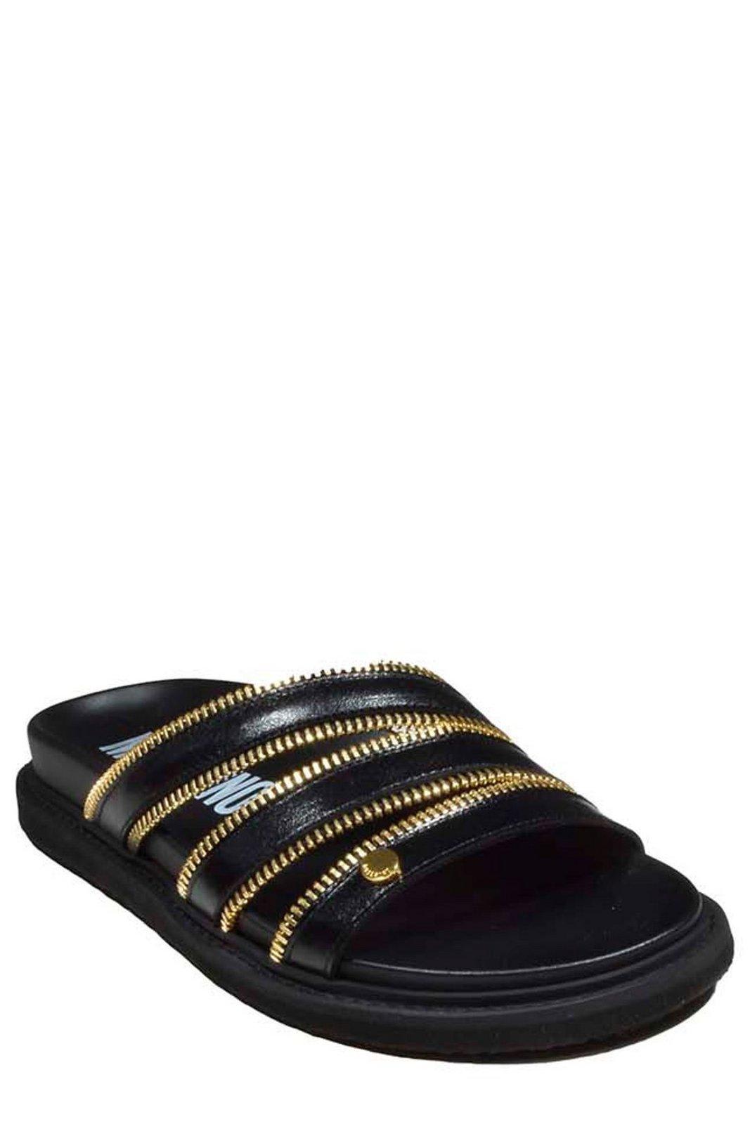 Shop Moschino Zip-detailed Round-toe Slides In Nero