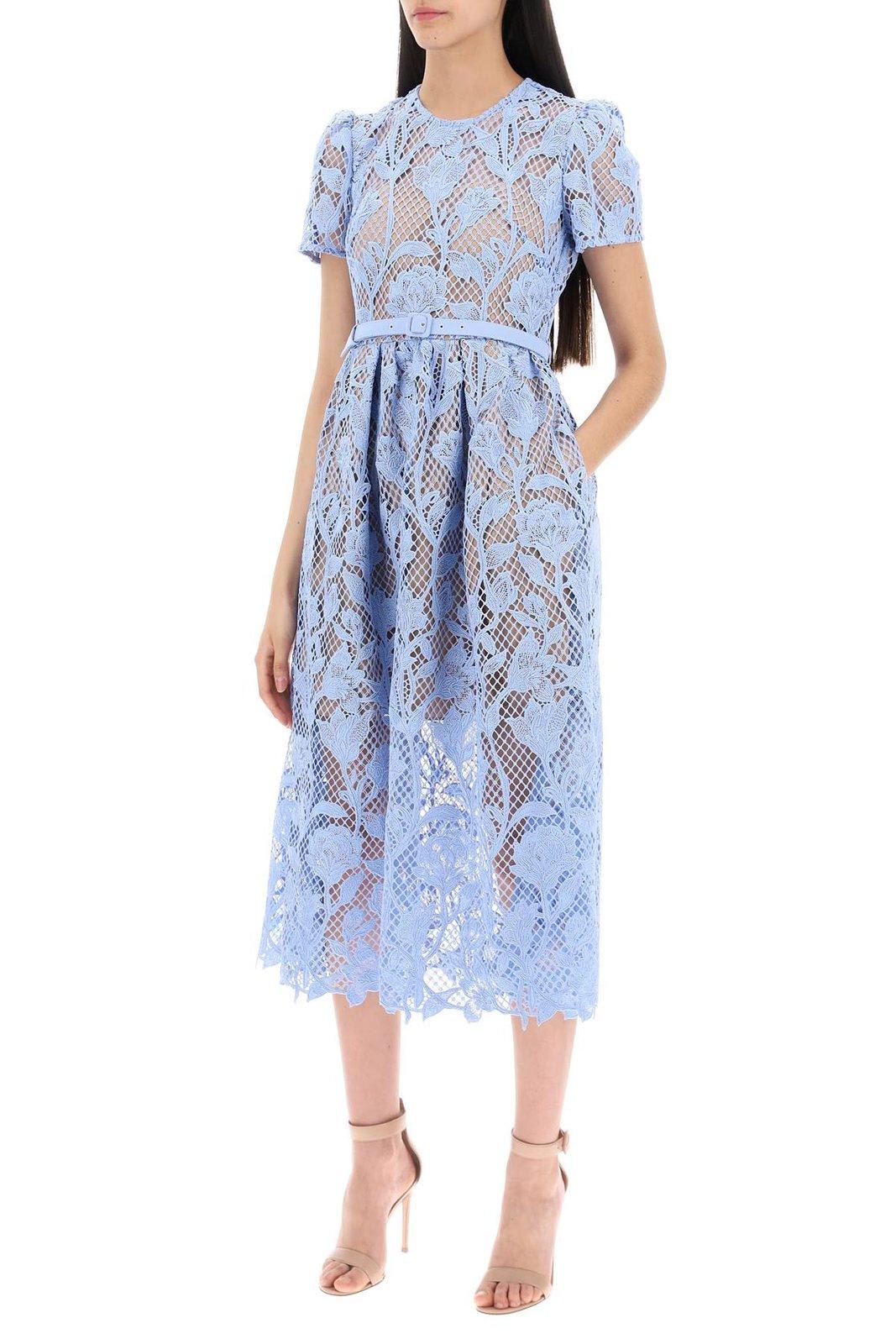 Shop Self-portrait Lace Detailed Short-sleeved Midi Dress In Blu