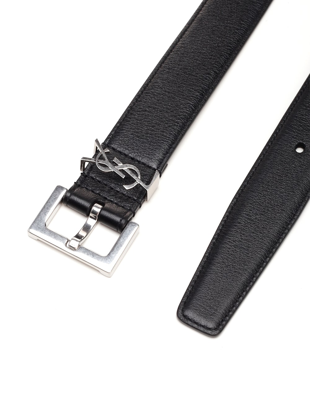 Shop Saint Laurent Black Leather Belt With Silver Logo