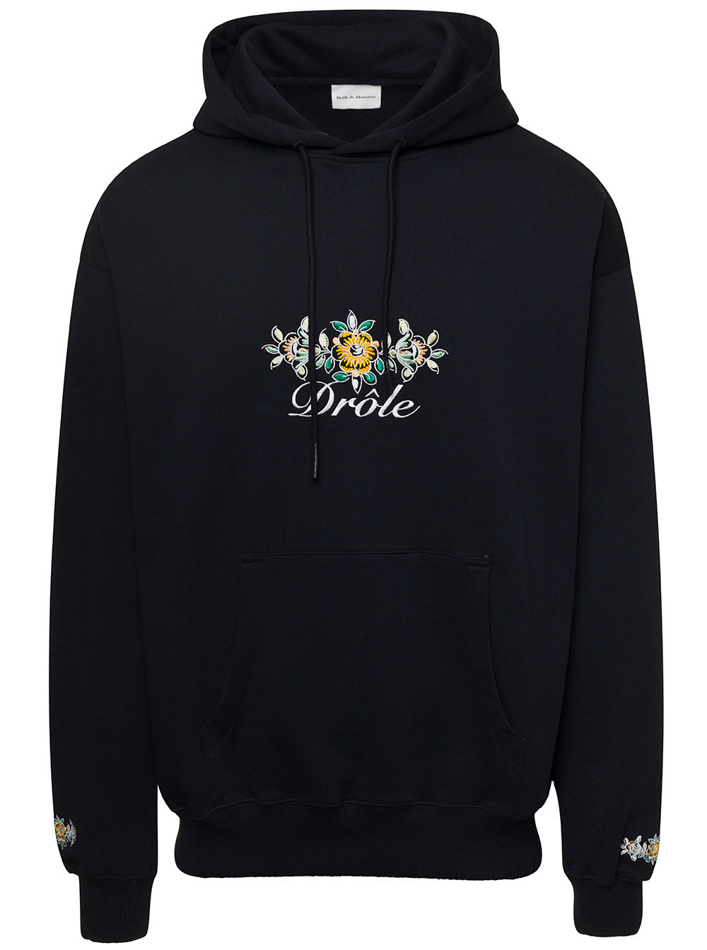 DRÔLE DE MONSIEUR BLACK HOODIE DRÔLE FLEURI WITH LOGO ON THE CHEST IN COTTON MAN