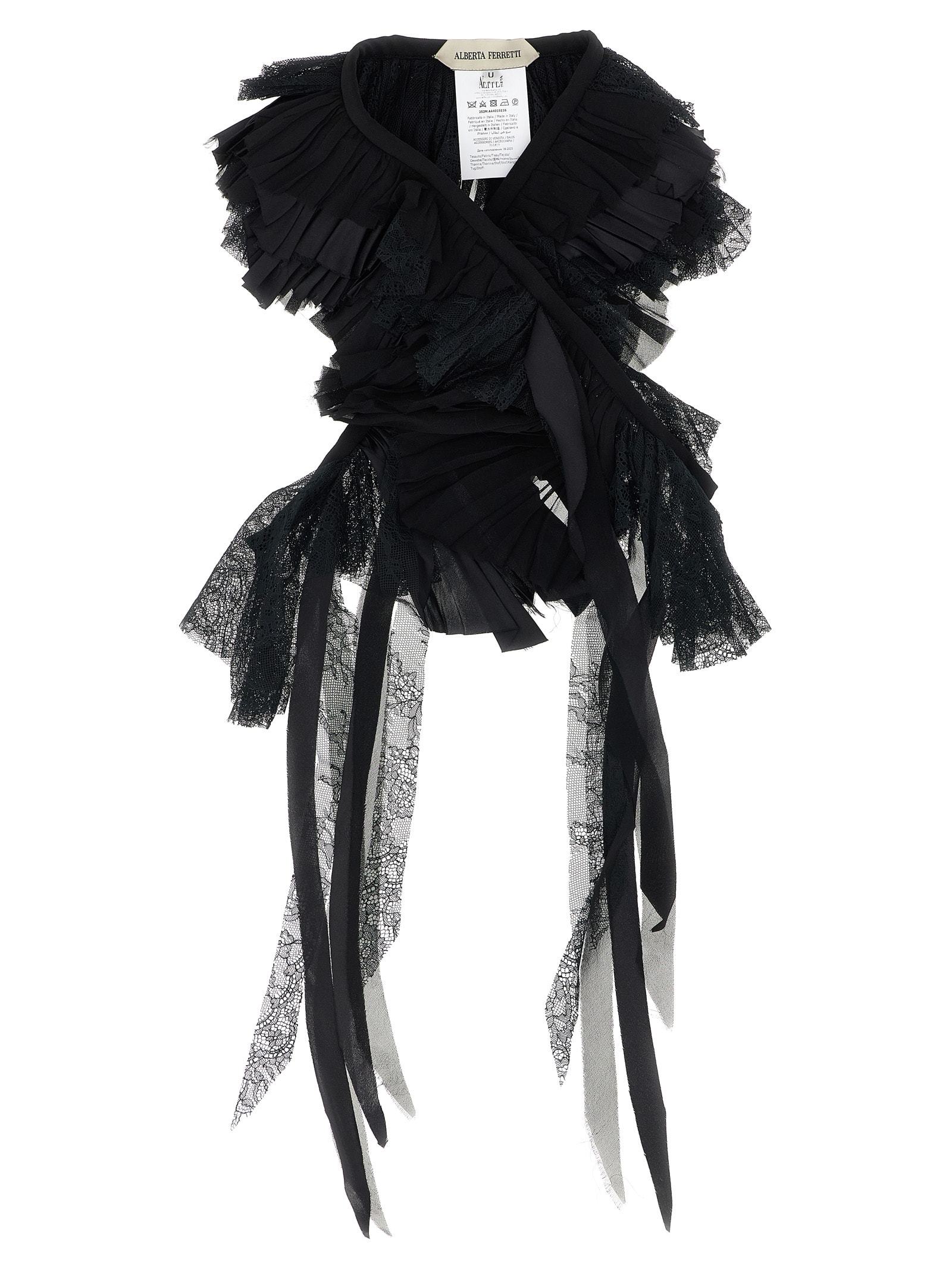 Alberta Ferretti Georgette Collar With Flounces And Lace Fringes In Black