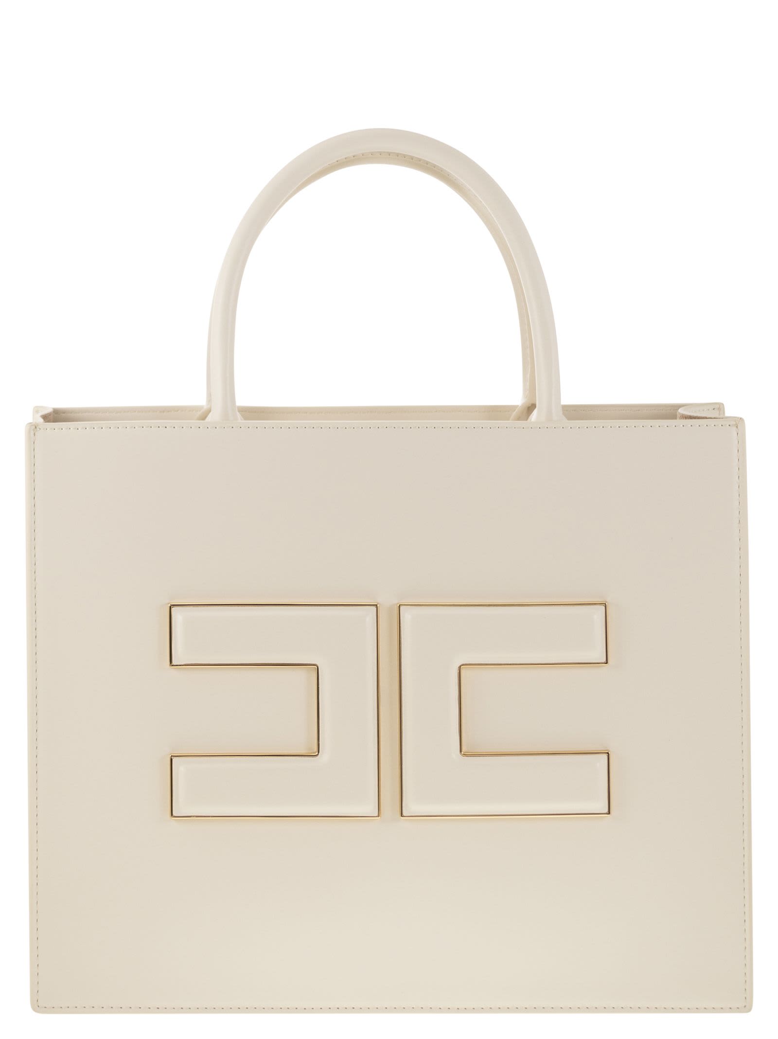 Elisabetta Franchi Medium Shopper With Logo Plaque In Burro