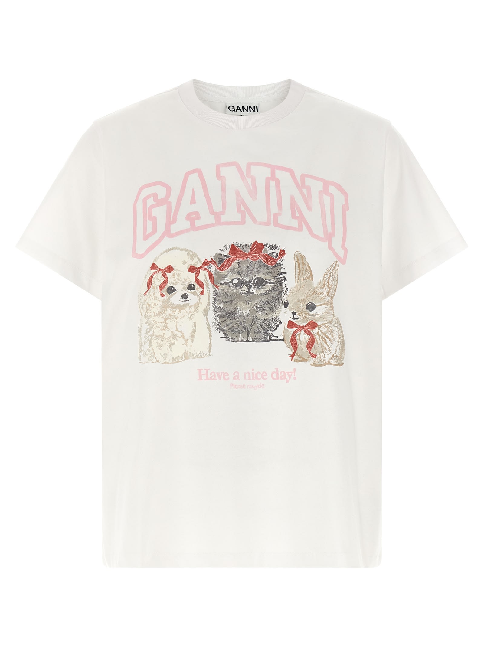 Ganni Graphic Print Crew Neck Short Sleeve Top In White