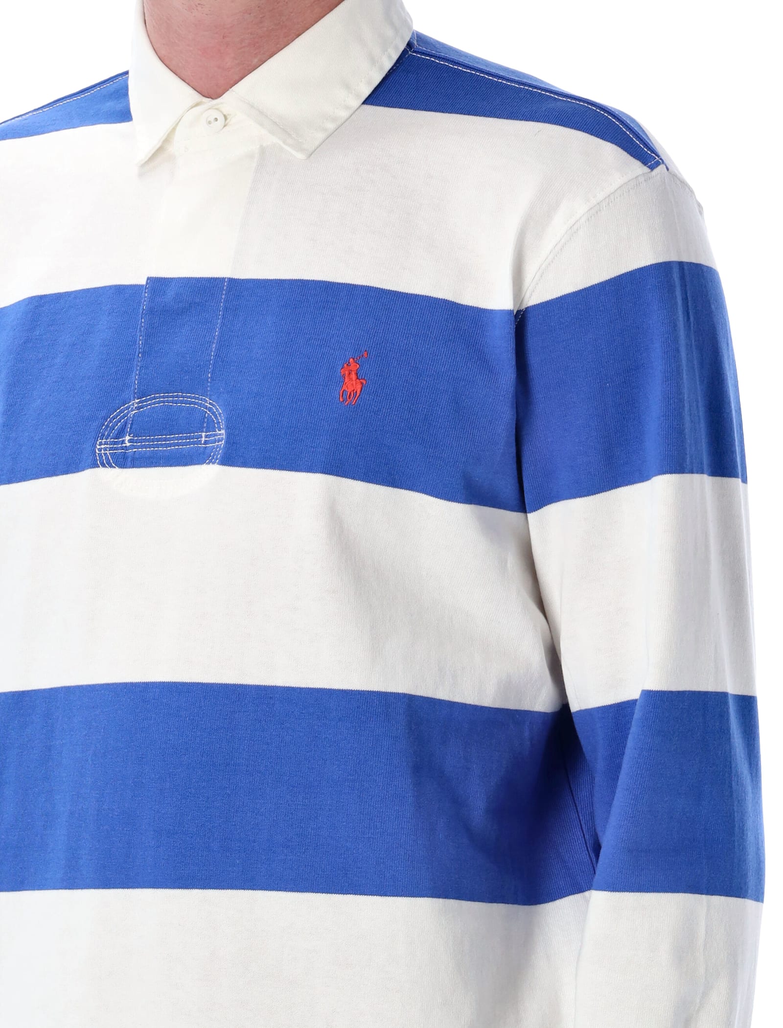 Polo Ralph Lauren Blue Polo Shirt With Pony Embroidery On The Front And All-over Striped Motif In Cotton Man In White Blue