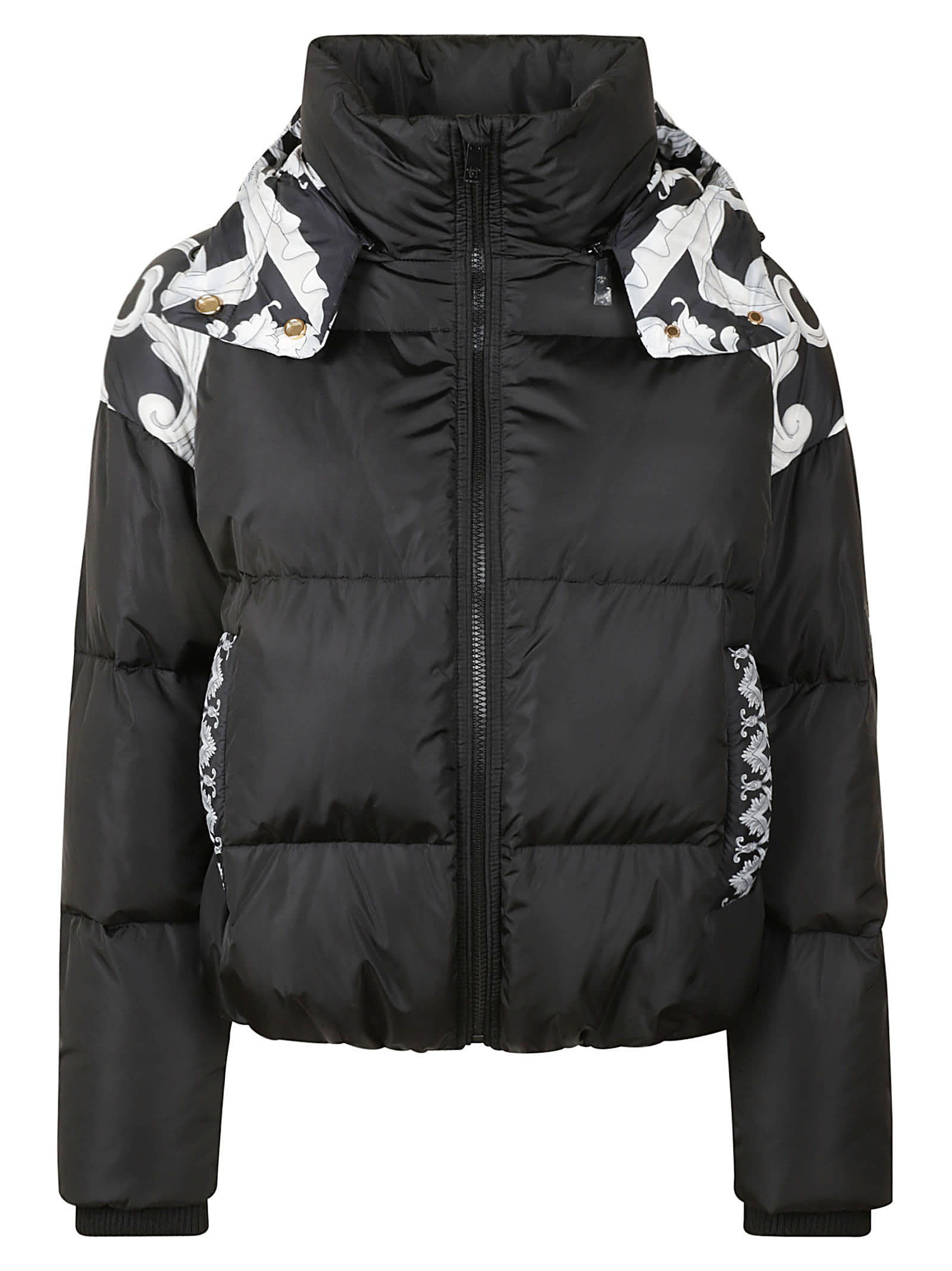 Versace Silver Baroque Print Down Puffer Jacket In Black