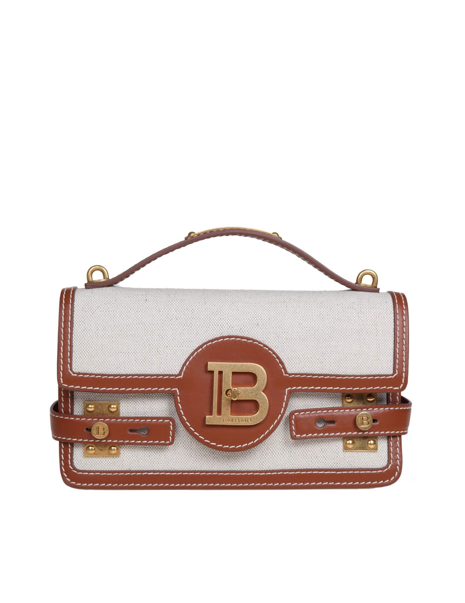 Shop Balmain B-buzz 24 Handbag In Leather And Canvas In Natural