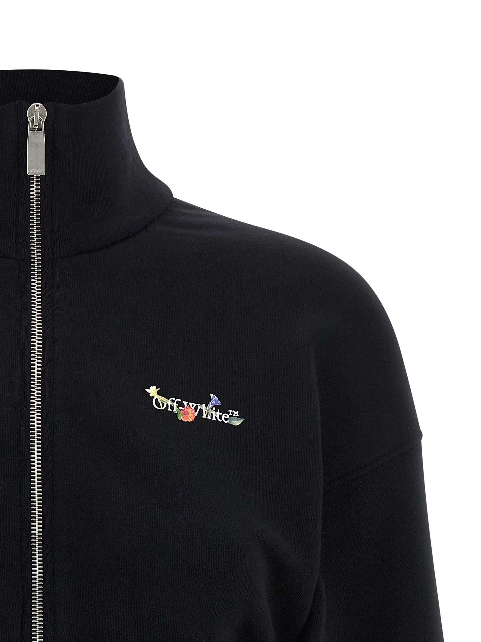Off-white Floral Print Cropped Sweatshirt With High Collar In Black