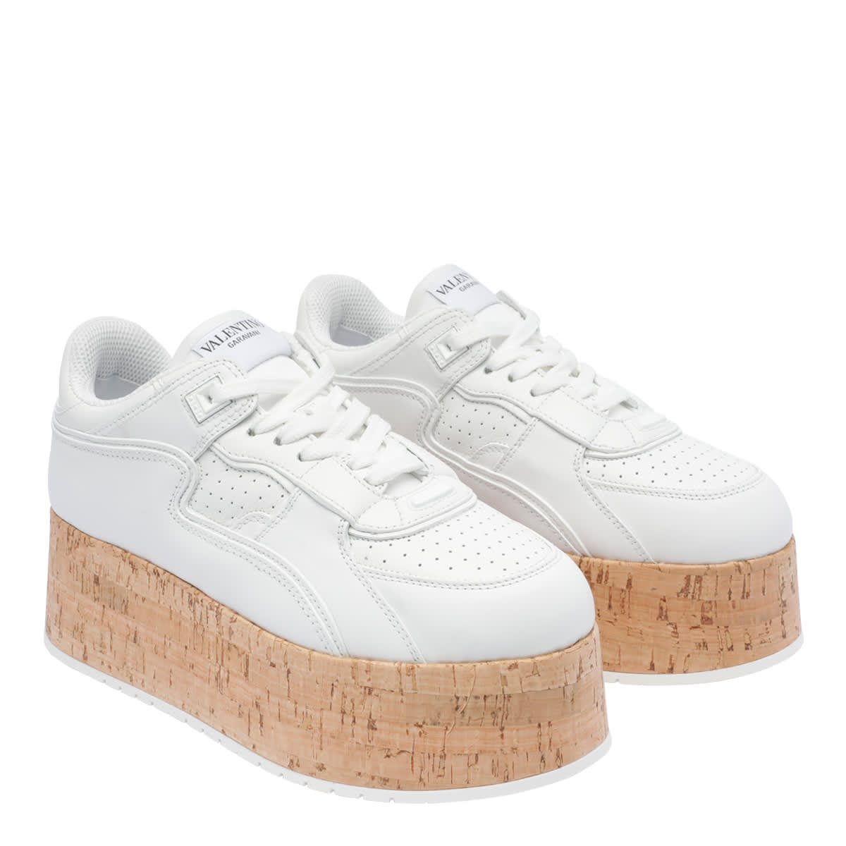 Valentino Leather Platform Sneakers Perforated Detailing In White