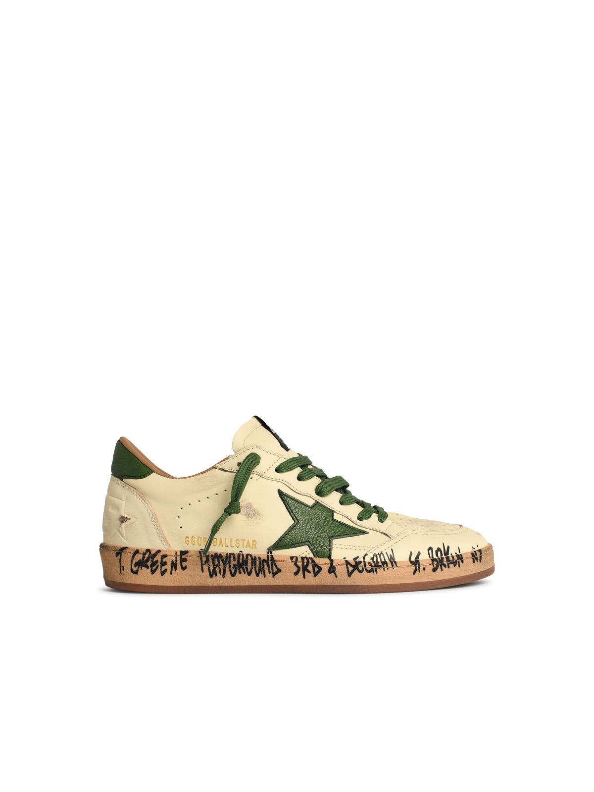 Golden Goose Ball-star White Nappa Leather Sneakers With Green Star And Heel In White