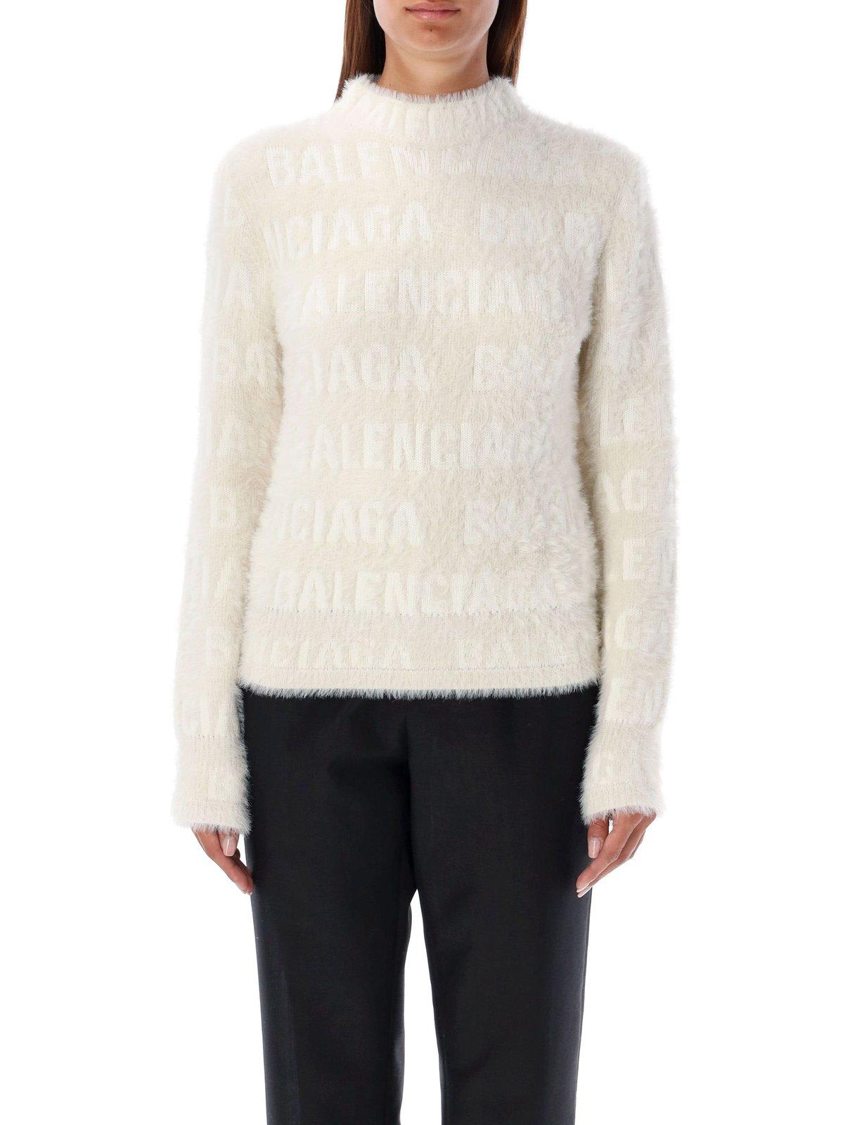 Shop Balenciaga Allover Logo Furry Fitted Sweater In Ivory