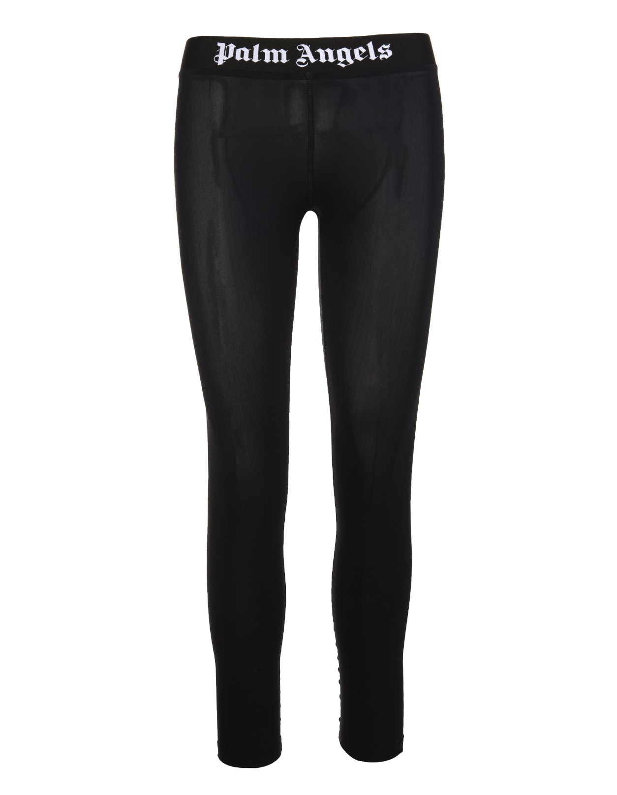 Palm Angels Woman Black Sports Leggings With White Logo On The Waist