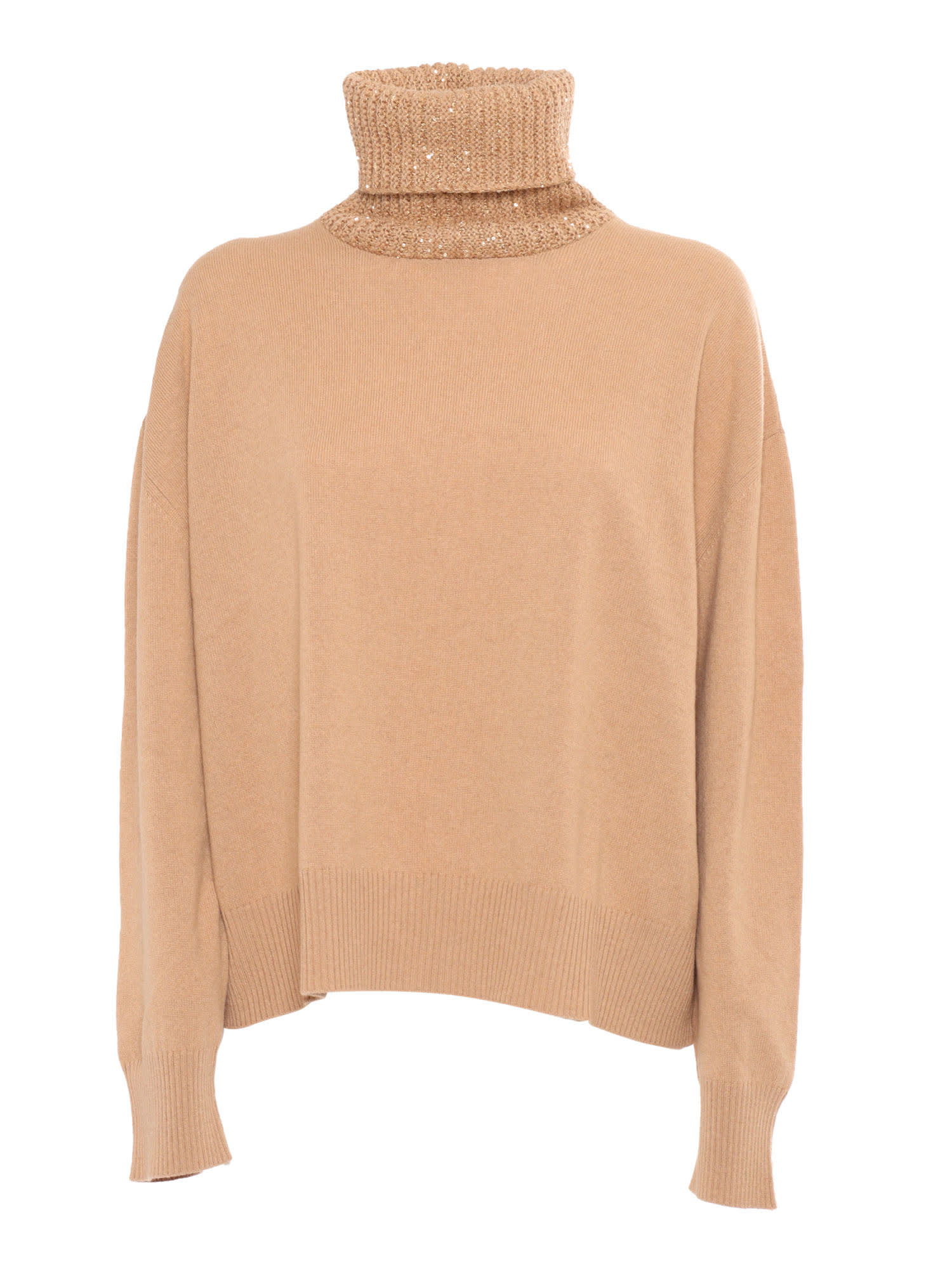 Shop Fabiana Filippi Turtle Neck Sweater With Sequin Collar In Brown