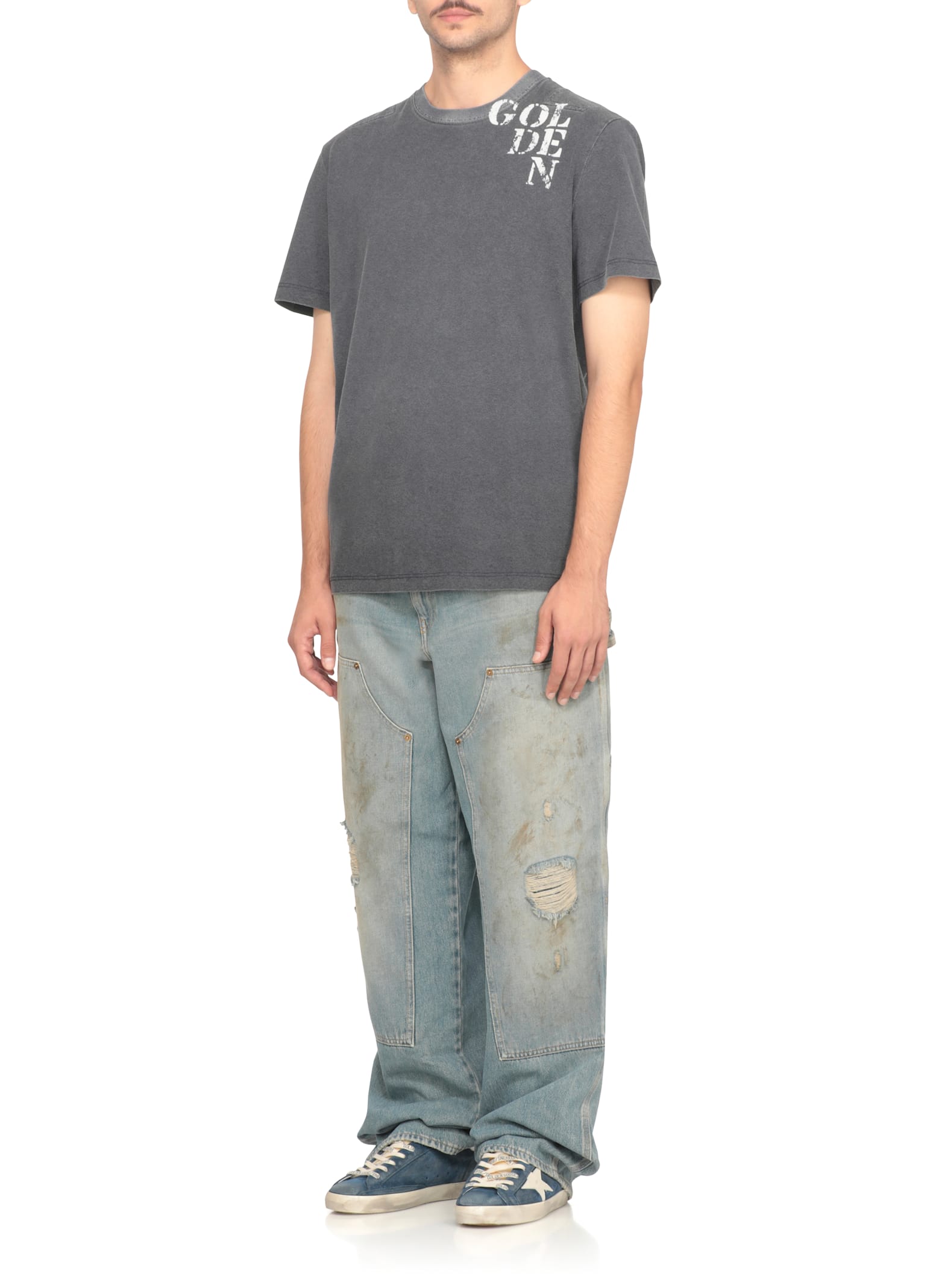 Golden Goose Dark Blue Cotton T-shirt With Contrasting Logo In Blue
