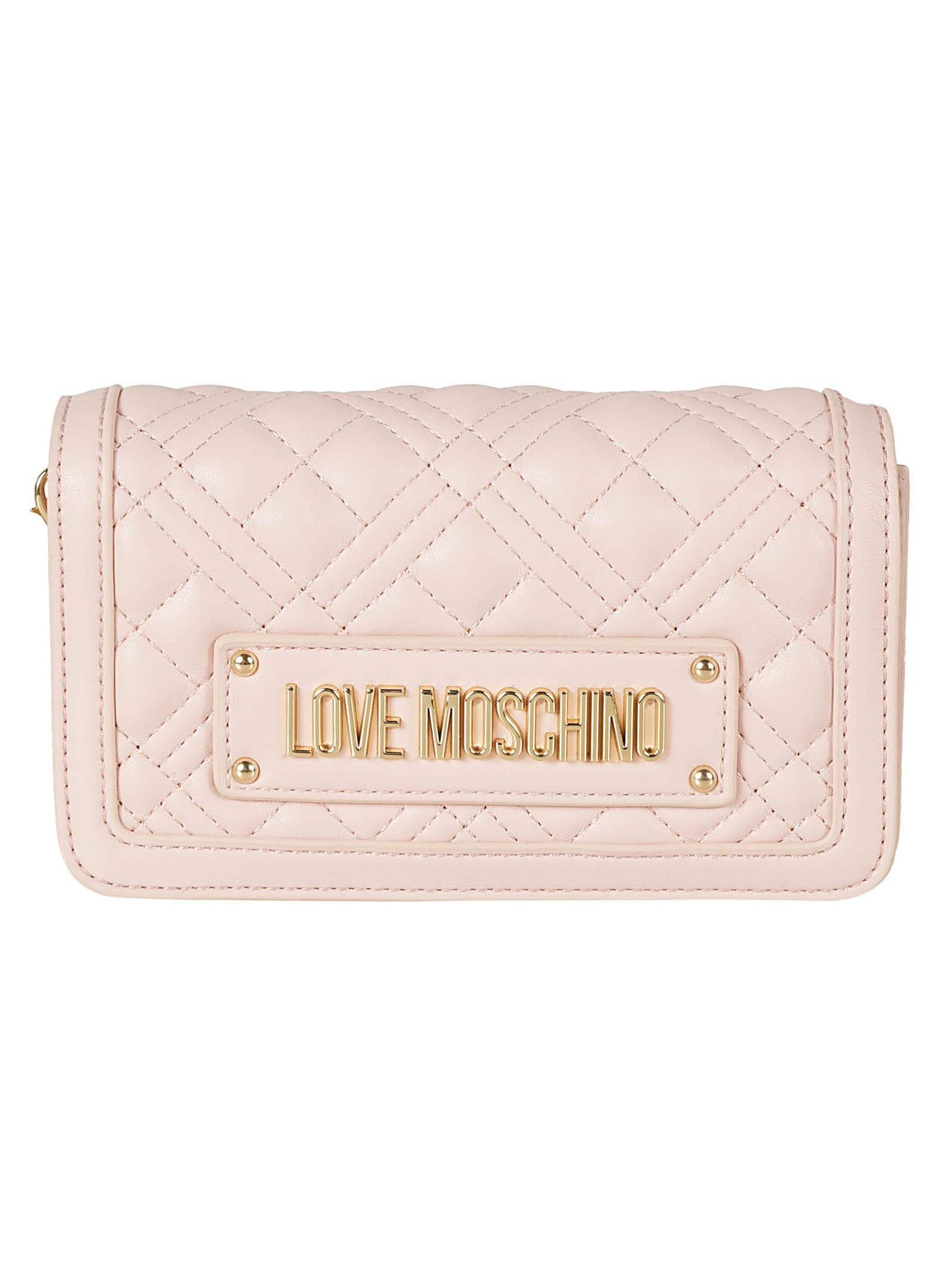 Shop Love Moschino Logo Plaque Quilted Shoulder Bag In Cipria