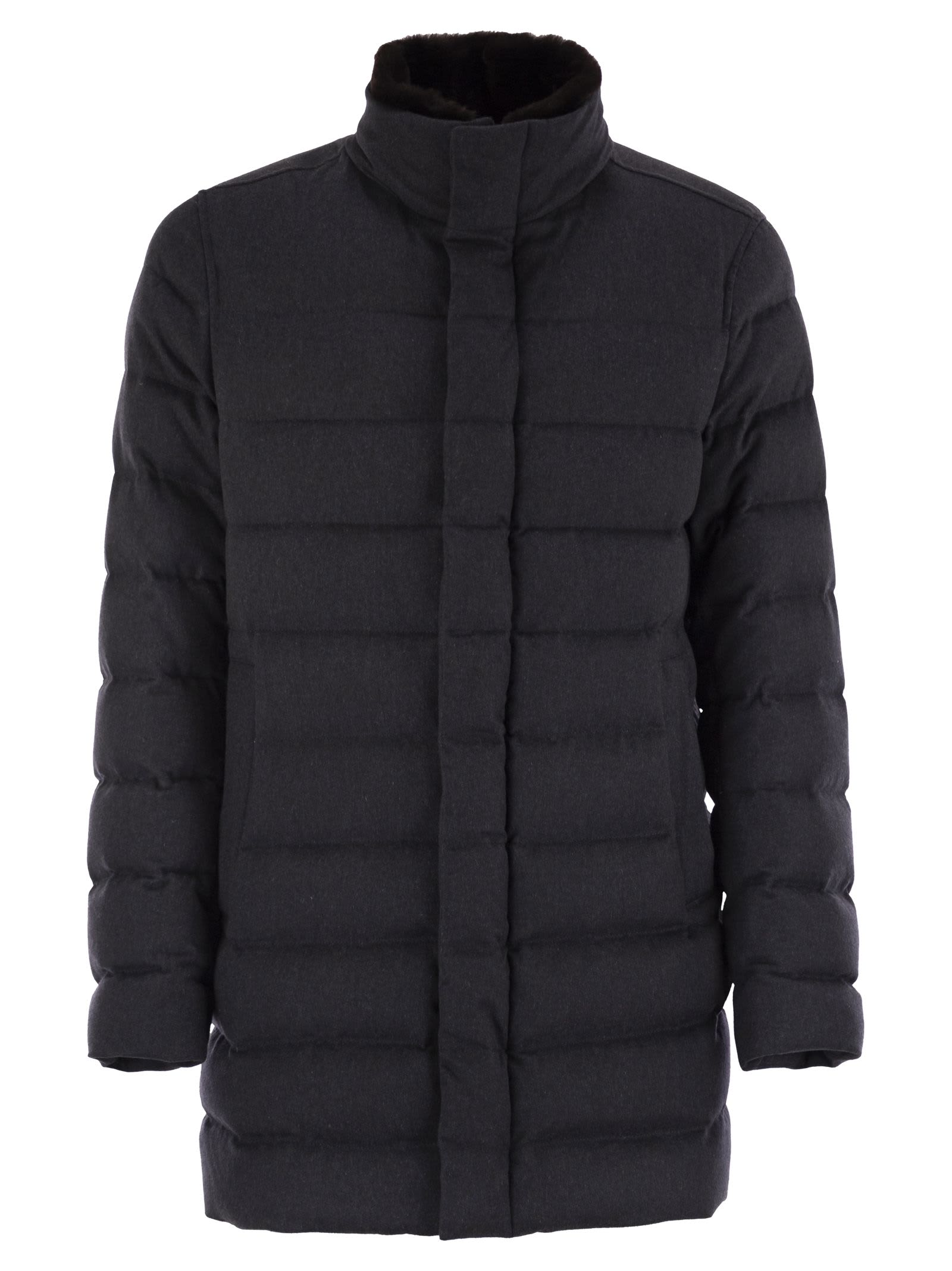 Herno Men Down Jacket With Fur Collar In Blue