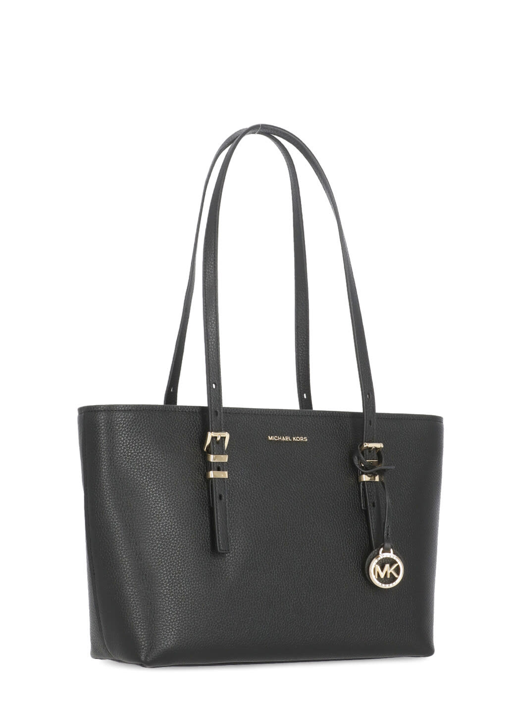 Michael Michael Kors Quinn Black Medium Tote Bag With Removable Logo Charm And Embossed Logo Lettering On The Front In Gr In Black