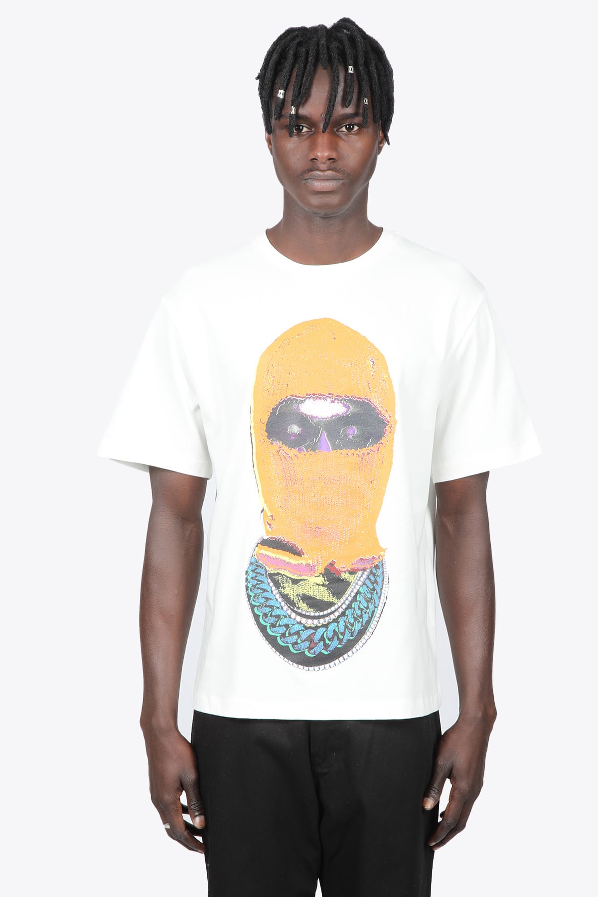 Ih nom uh nit T-shirt Relaxed Fit With Mask21 Orange On Front Off-white cotton t-shirt with photographic print