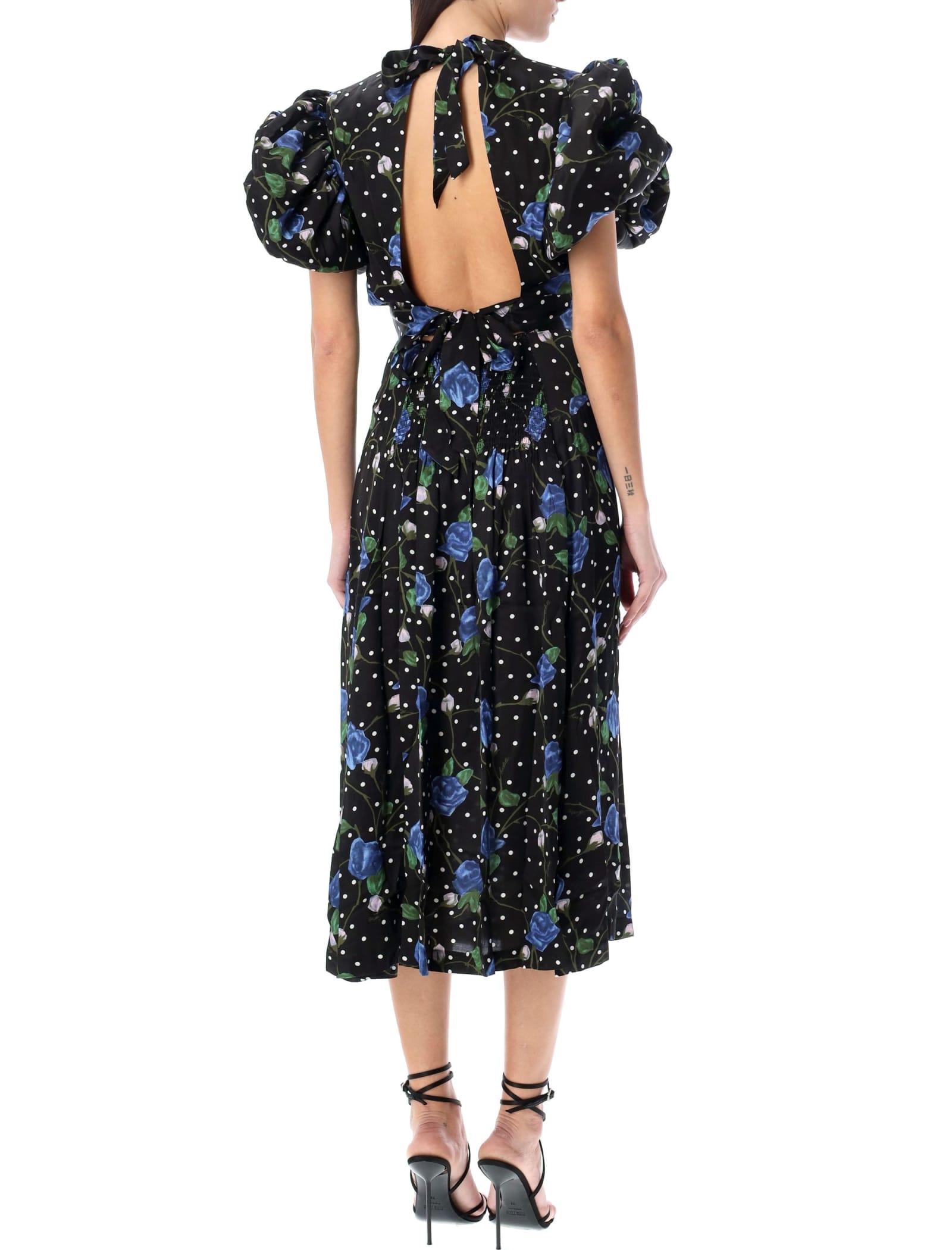 Shop Rotate Birger Christensen Puffy Sleeves Long Dress In Black Blue Flower