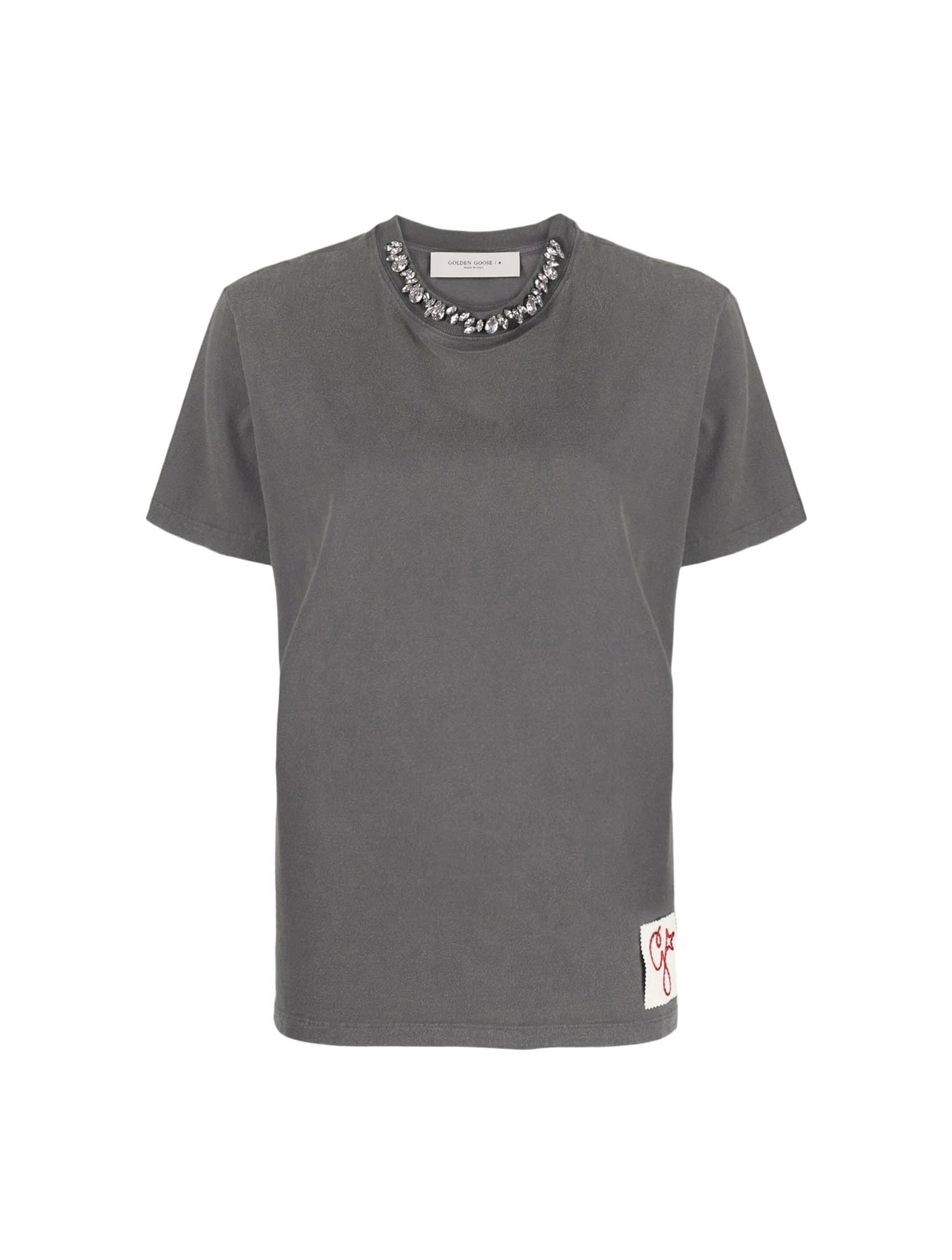Shop Golden Goose Golden W`s Regular T-shirt Distressed Cotton Jersey With Embroidery In Anthracite